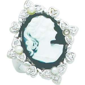  Sterling Silver Resin Imitation Pearl & CZ Ring Sz 6 