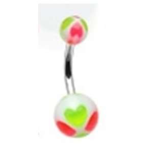   Navel Ring with Pink and Green Uv Heart Print Balls 