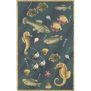 Colonial Collection Blue Deep Sea Dives Fish Hand Hooked Wool Area Rug 