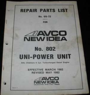 New Idea Repair Parts List US 72 No. 802 Uni Power Unit  