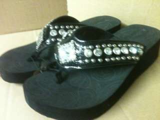 Shinny Black Jewel Diamond Concho Western Rhinestone Flip Flop Sandals 