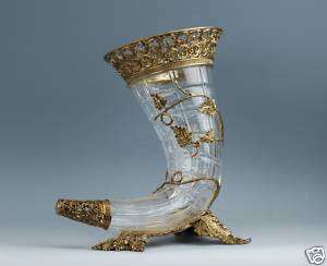 ITALIAN CRYSTAL HORN SHAPE VASE WITH BRASS ACCENTS  