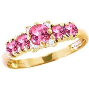   Yellow Gold Five Stone Gem and Diamond Ring Pink Tourmaline, size7.5