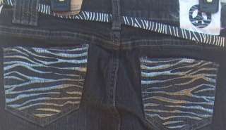   Girls Plus Rinestone and Glitter Flare Peace Jeans W/Belt; Size 10 1/2