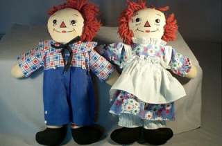   Raggedy Ann & Andy Awake Asleep Dolls Outlined Nose Wool Hair  