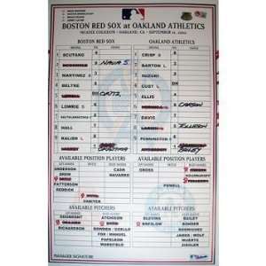  Red Sox at Athletics 9 11 2010 Game Used Lineup Card (MLB 