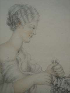 Antique drawing, woman with grapes, England 1800s  