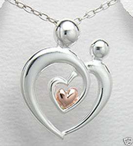 Tone Silver Mother Child Rose Heart Pendant Necklace  