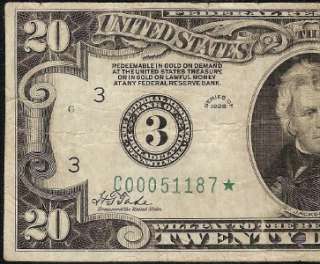 1928 $20 DOLLAR STAR FEDERAL RESERVE GOLD DEMAND NUMERICAL NOTE Fr 