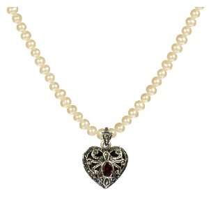   White Freshwater Pearl Necklace with Marcasite Heart Pendant Jewelry