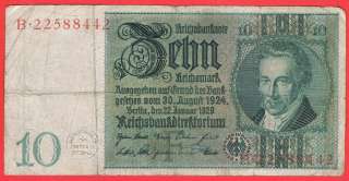 WWII NAZI GERMANY   10 REICHSMARKS BANKNOTE HITLER MONEY  
