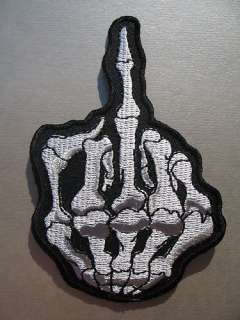 Middle Finger Skeleton Hand IRON ON PATCH   Black/ Silver Grey   9.9 