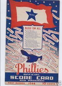 1944 PHILADELPHIA PHILLIES SCORECARD PROGRAM vs CUBS  