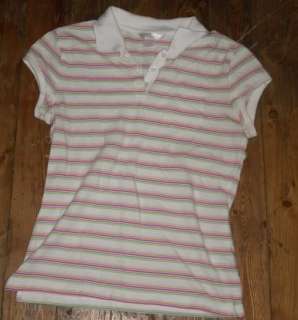 Womens Size Small White Short Sleeve Polo Shirt Striped  