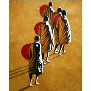 Hand Painted Asian Contemporary Art   Walking Praying Monks, golden 