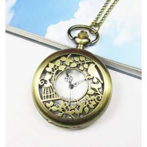 Antique Steampunk Nature Garden Pocket Watch Necklace Birdcage and 