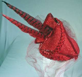 Red cocktail hat, Lurex fabric, sequins, feathers, net  