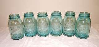 Old lt blue Ball Perfect Mason glass fruit jars canning qt size NR 