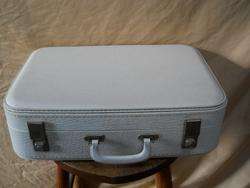 Vintage White Vinyl Hard Shell Suitcase Luggage 19x14x5 Clean Inside 