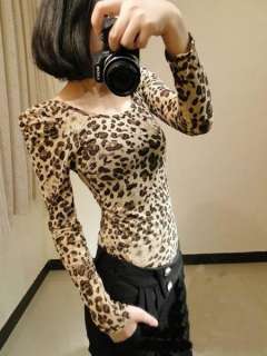 Korean Women Fashion Leopard Lace Puff Primer Shirt Top  