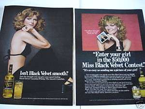 1975 1978 CHERYL TIEGS Black Velvet Whiskey ad LOT of 2  