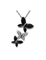 XPY 14k White Gold Black and White Diamond Triple Butterfly Pendant (1 