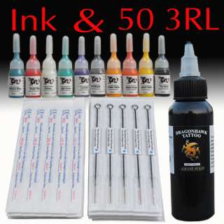 Tattoo Supplies 50 Needles 3RL 10 Color Ink(5ml/bottle) & 1 60ml black 