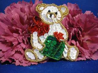   beaded christmas bear white iris green and red sequins with gold