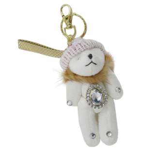 White Teddy Bear Beanie Key Chain Purse Charm Jeweled  