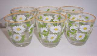 WHITE YELLOW DAISY FLOWER LIBBEY RETRO GLASSES ORANGE PAINTED RIM 