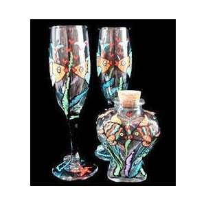   Hand Painted   Large Heart Bottle with cork top & 2 matching Flutes