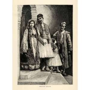 1882 Antique Wood Engraving Arnauts Albanian Lovers Cultural Clothing 