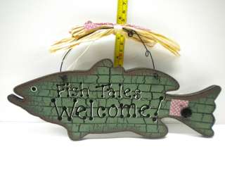 Fish Tales Welcome Sign Fishing Lodge Decor Antique Plaque Lure Bait 