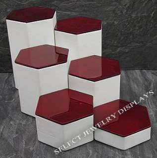 Rosewood White Leather Hexagon Riser Jewelry Display   