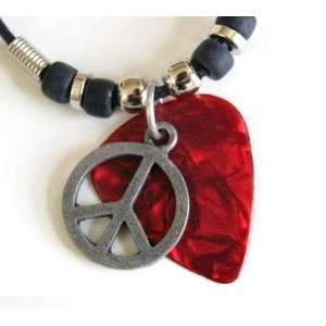  18 Red Guitar Pick & Peace Sign Necklace 