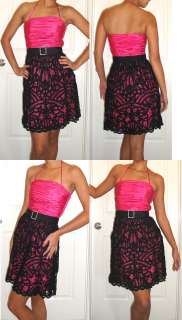 New $410 Betsey Johnson Pink Strapless Black Lace Dress 0 XXS  