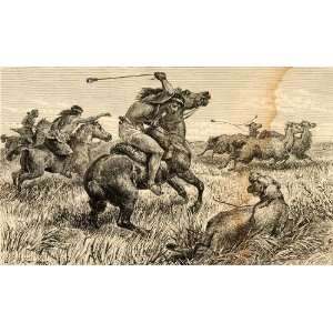  1871 Wood Engraving Waki Puma Hunting Riding Horse Prairie 