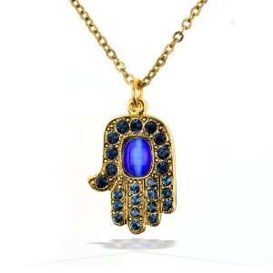  Amaro Necklace   Hamsa Amulet in Gold and Blue Tones 