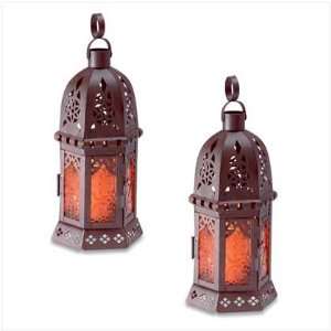  Moroccan Amber Glass Candle Holder Lantern Pair 