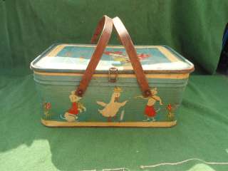   Tin Picnic Basket with VERY CUTE Animals and Girl Lithograph  