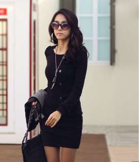 Single breasted Adorn Long Sleeve OL Dress Bubble Shoulder Round Neck 