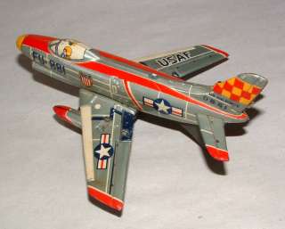    60s TIN LITHO USAF FIGHTER JET FRICTION TOY AIRPLANE GREAT CONDITION