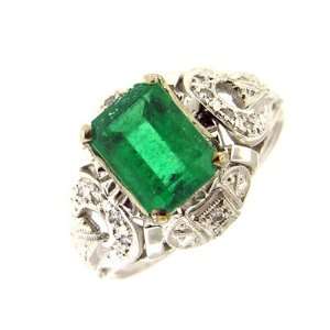  2.05 ct White Gold Antique Emerald & Diamond Ring 14 kt Jewelry