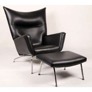   Style Wing Chair & Ottoma, Black Aniline Leather