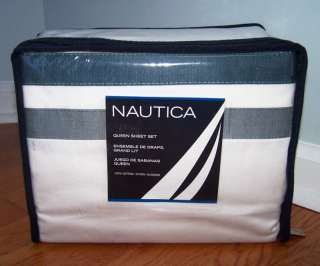 NAUTICA NORTH BEACH WHITE COTTON SATEEN QUEEN SHEET SET 400 TC NEW 