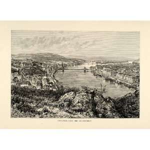 1882 Wood Engraving Gellert Hegy Hill Danube River Budapest Hungary 
