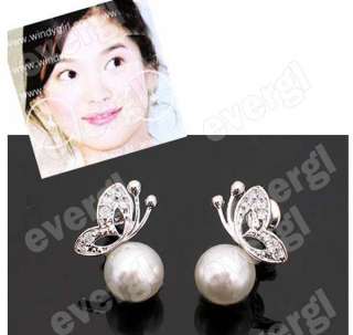 Set Of Korean Silver Full diamond Butterfly Pearl Stud Earrings 