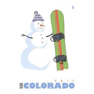  Vail, Colorado, Snowman with Snowboard Giclee Poster Print 