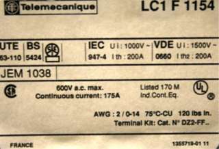 Telemecanique LC1F1154 Contactor 600VAC 200AMP  
