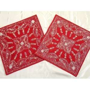  2 Red India Home Room Designer Decor Bead Pillow Covers 